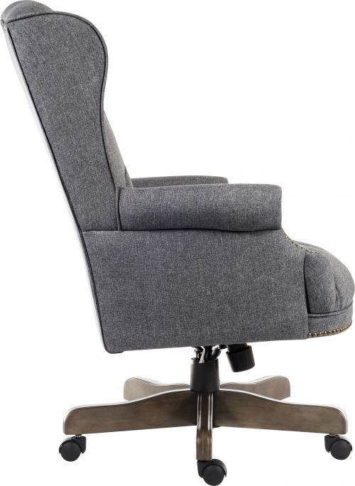12571TK | The Teknik Office Chairman Grey Fabric Swivel Executive chair is our luxurious offering that looks and feels the business! Its traditional style, hand applied â€œantique brass nail-head trim, 8 way hand tied coil construction seat and soft grey fabric finish contributes to the plush look of this chair, feels extravagant as well as comfortable. The chair also has a reclining function with tilt tension, seat height adjustment and an elegant 5 star base in a driftwood finish. The neutral grey fabric finish ensures that the Chairman perfectly blends in with all colour schemes. This also requires little self assembly which means it's office ready for all working and home environments. This chair is also available in bonded leather colours of Burgundy and Green with a mahogany effect base or Red and Black with a lightwood effect base.