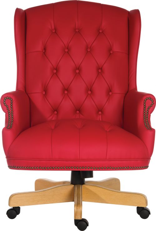 Teknik Office Chairman Rouge Swivel Executive chair is our luxurious offering that looks the business! Its traditional style, hand applied 'antique' brass nail-head trim, 8 way hand tied coil construction seat and bonded leather finish contributes to this chair looking extravagant as well as comfortable. The chair also has a reclining function with tilt tension, seat height adjustment and an elegant 5 star base in a light wood finish. This requires little self assembly which means it's office ready for any environment. This chair is also available in Noir.