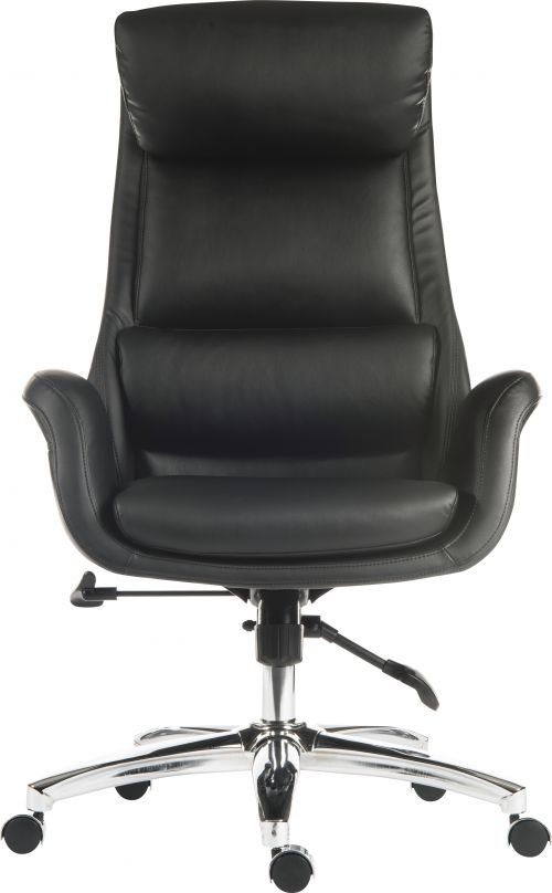 The Teknik Office Ambassador High Executive Chair in Black is our luxurious reclining leather look upholstery offering for those that wish for a unique managerial chair that's as comfortable as it is stylish. It features an independent recline function on the backrest and seat which benefits from an infinite locking system. It also has an integrated padded headrest with a pronounced lumbar cushion. The gull wing armrests and smart swivel chrome base complete the look. This chair is great for home or work office use for up to 8 hours a day and is rated to 150kg.