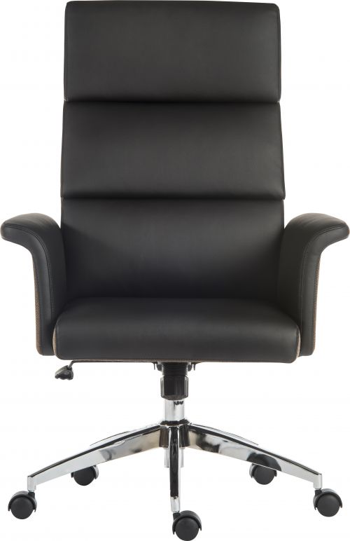The Teknik Office Elegance High Executive Chair in Black is our wing armed supple leather look upholstery offering for those that wish for a unique managerial chair thats as comfortable as it is stylish. It benefits from a pleasing contrast of black leather look, a chocolate cross-woven accent fabric and has a 'Mid century' styling. The base is made from chrome to add to its smart appearance and it has all the usual executive chair functions such as reclining function with tilt tension and a height adjustable seat. This chair is great for home or work office use for up to 8 hours a day and is rated to 150kg. This chair is also available in Cream with chocolate accenting as well as the same in a medium backed version.