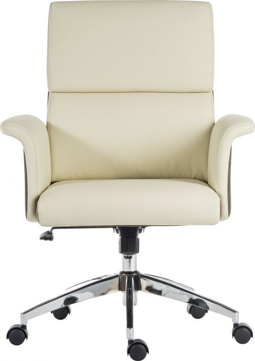 12445TK | The Teknik Office Elegance Medium Executive Chair in Cream is our wing armed supple leather look upholstery offering for those that wish for a unique managerial chair thats as comfortable as it is stylish. It benefits from a pleasing contrast of Cream leather look, a chocolate cross-woven accent fabric and has a 'Mid century' styling. The swivel base is made from chrome to add to its smart appearance and it has all the usual executive chair functions such as reclining function with tilt tension and a height adjustable seat. This chair is great for home or work office use for up to 8 hours a day and is rated to 150kg. This chair is also available in Black with chocolate accenting as well as the same in a high backed version.
