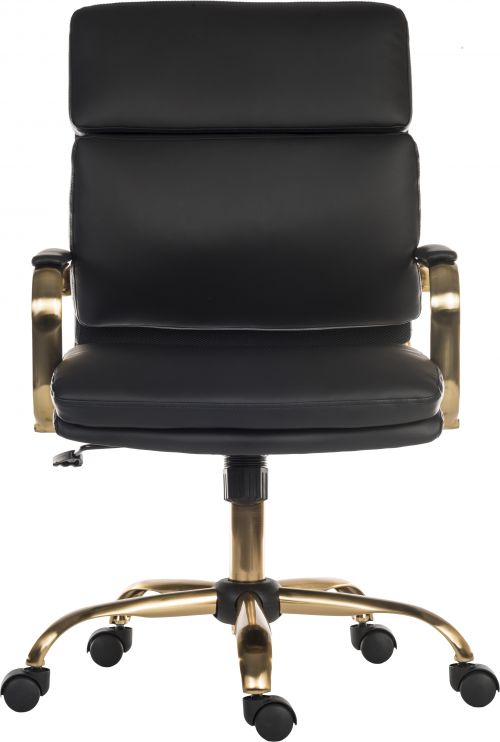 The Teknik Office Vintage executive supple leather look fabric chair in Black is a great and versatile choice for the home office. With its classic appearance and smart brass coloured metal arm frame with matching five star base, it will happily pair with most styles of desk or office interior without compromising on quality. It has a medium height comfortably padded backrest, matching arm covers, a recline function with tilt tension and a seat height adjusting lever. The contrasting brass colour arms and five star base complete the unique vintage look. This chair is rated up to 110kg and is suitable for up to 8 hours a day usage. 