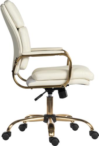 The Teknik Office Vintage executive supple leather look fabric chair in White is a great and versatile choice for the home office. With its classic appearance and smart brass coloured metal arm frame with matching five star base, it will happily pair with most styles of desk or office interior without compromising on quality. It has a medium height comfortably padded backrest, matching arm covers, a recline function with tilt tension and a seat height adjusting lever. The contrasting brass colour arms and five star base complete the unique vintage look. This chair is rated up to 110kg and is suitable for up to 8 hours a day usage. 