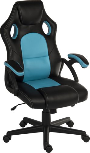 Kyoto Gaming chair in Blue PU & PVC covered contrasting materials with fixed padded arms, racing style backrest design