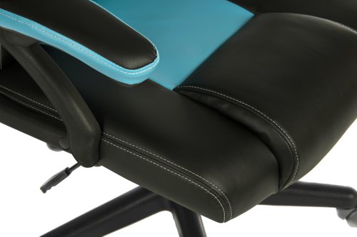 29245TK | The Teknik Office Kyoto chair in contrasting black and blue is the gamer's choice for fixed comfort for those long gaming sessions! Finished in a Black and Pink PU and PVC material, thrills and spills will not matter. This gaming chair has fixed padded armrests which will support the arms throughout the gaming adventure while the racing back styled backrest design allows airflow, prevents flexing of the backrest and can accommodate an additional headrest pillow for increased comfort and posture. It also benefits from a pronounced headrest, reclining function with tilt tension and a gas lift seat height adjustment, making this a great chair for home, office and especially gamer use for up to 8 hours a day and rated to 120kg.