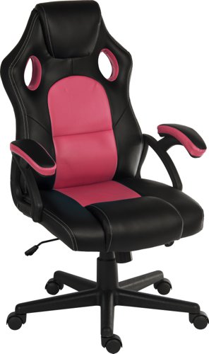 29252TK | The Teknik Office Kyoto chair in contrasting black and pink is the gamer's choice for fixed comfort for those long gaming sessions! Finished in a Black and Pink PU and PVC material, thrills and spills will not matter. This gaming chair has fixed padded armrests which will support the arms throughout the gaming adventure while the racing back styled backrest design allows airflow, prevents flexing of the backrest and can accommodate an additional headrest pillow for increased comfort and posture. It also benefits from a pronounced headrest, reclining function with tilt tension and a gas lift seat height adjustment, making this a great chair for home, office and especially gamer use for up to 8 hours a day and rated to 120kg.