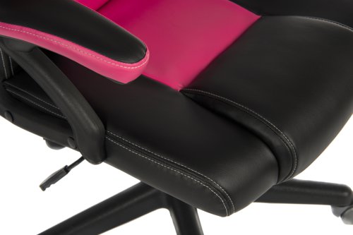 29252TK | The Teknik Office Kyoto chair in contrasting black and pink is the gamer's choice for fixed comfort for those long gaming sessions! Finished in a Black and Pink PU and PVC material, thrills and spills will not matter. This gaming chair has fixed padded armrests which will support the arms throughout the gaming adventure while the racing back styled backrest design allows airflow, prevents flexing of the backrest and can accommodate an additional headrest pillow for increased comfort and posture. It also benefits from a pronounced headrest, reclining function with tilt tension and a gas lift seat height adjustment, making this a great chair for home, office and especially gamer use for up to 8 hours a day and rated to 120kg.