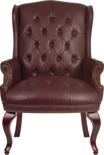 7600 | The Teknik Office Chairman Guest chair is our beautifully coloured bonded leather faced executive visitor chair. With its matching leather effect outers and hand applied “antique” brass nail-head trim and 8 way hand tied coil construction seat, the style and support contributes to this chair looking luxurious as well as comfortable. The chair also has elegant curved legs in a fruitwood finish and is ideal for a study, office or living area. This requires little self assembly which means it's office ready and awaiting your attention. Available now in Burgundy bonded leather faced or Grey fabric.