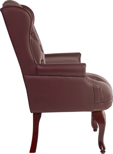 7600 | The Teknik Office Chairman Guest chair is our beautifully coloured bonded leather faced executive visitor chair. With its matching leather effect outers and hand applied “antique” brass nail-head trim and 8 way hand tied coil construction seat, the style and support contributes to this chair looking luxurious as well as comfortable. The chair also has elegant curved legs in a fruitwood finish and is ideal for a study, office or living area. This requires little self assembly which means it's office ready and awaiting your attention. Available now in Burgundy bonded leather faced or Grey fabric.