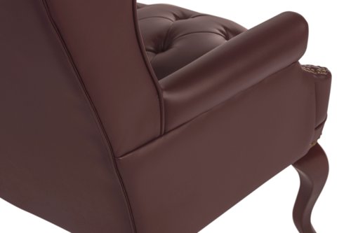 7600 | The Teknik Office Chairman Guest chair is our beautifully coloured bonded leather faced executive visitor chair. With its matching leather effect outers and hand applied “antique” brass nail-head trim and 8 way hand tied coil construction seat, the style and support contributes to this chair looking luxurious as well as comfortable. The chair also has elegant curved legs in a fruitwood finish and is ideal for a study, office or living area. This requires little self assembly which means it's office ready and awaiting your attention. Available now in Burgundy bonded leather faced or Grey fabric.