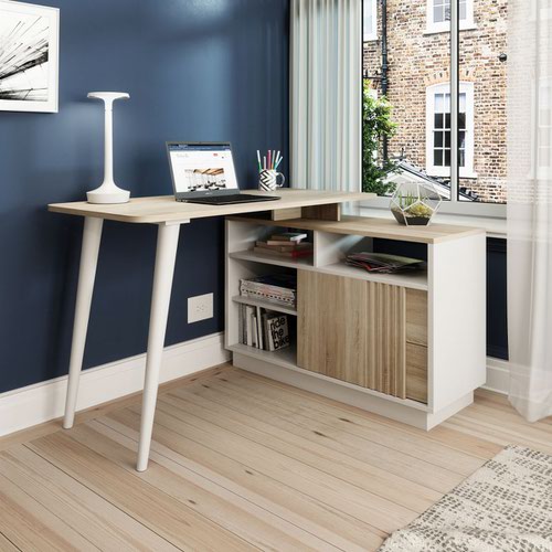 12095TK | The Teknik Office Bridge Desk is a fantastic and modern style option, a perfect pick for the home office where you need space for work but also space for your favourite plant or coffee cup! It not only has a spacious working area, it has two storage drawers for additional storage and a sliding door which conceals an additional storage area. The desk can be assembled to have a left or right hand return, the storage layout can also be reversed for versatile placement within your work area. The Bridge desk is beautifully finished in Sonoma Oak Effect with white accents, making it a perfect match for all rooms and office colour schemes.