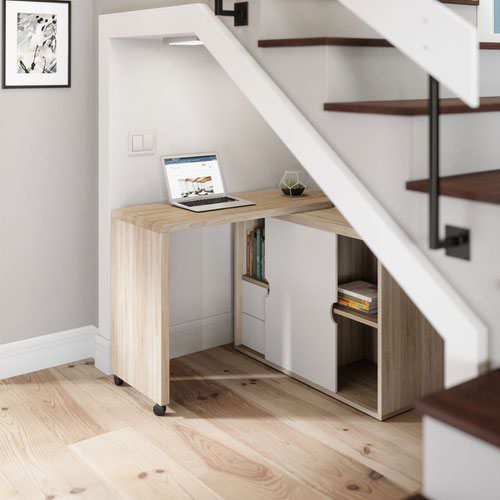 The Teknik Office Pivot Cupboard Desk is a fantastic and modern style option, a perfect pick for the home office, under the stairs or anywhere where space is of a premium! It not only has a spacious working area, it has two storage drawers for additional storage and a sliding door which conceals an additional storage area. The desk can be assembled to have a left or right hand return and it can fold away when not in use, ideal for versatile placement within your work area. The Pivot Cupboard desk is beautifully finished in Sonoma Oak Effect with white accents, making it a perfect match for all rooms and office colour schemes.