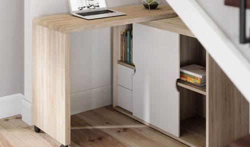 The Teknik Office Pivot Cupboard Desk is a fantastic and modern style option, a perfect pick for the home office, under the stairs or anywhere where space is of a premium! It not only has a spacious working area, it has two storage drawers for additional storage and a sliding door which conceals an additional storage area. The desk can be assembled to have a left or right hand return and it can fold away when not in use, ideal for versatile placement within your work area. The Pivot Cupboard desk is beautifully finished in Sonoma Oak Effect with white accents, making it a perfect match for all rooms and office colour schemes.
