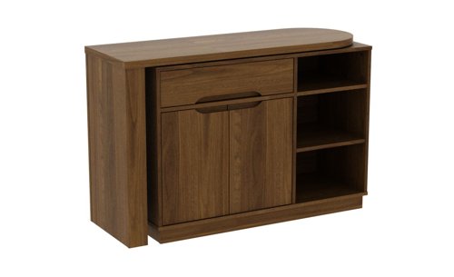Teknik Office Revolve Hideaway Desk in Walnut effect with stylish curved desktop storage drawer and shelves and smart space saving design