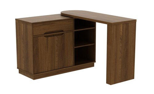 Teknik Office Revolve Hideaway Desk in Walnut effect with stylish curved desktop storage drawer and shelves and smart space saving design  | County Office Supplies