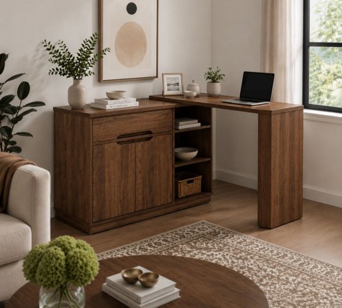 Teknik Office Revolve Hideaway Desk in Walnut effect with stylish curved desktop storage drawer and shelves and smart space saving design  | County Office Supplies