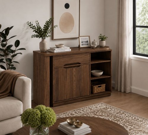 Teknik Office Revolve Hideaway Desk in Walnut effect with stylish curved desktop storage drawer and shelves and smart space saving design  | County Office Supplies