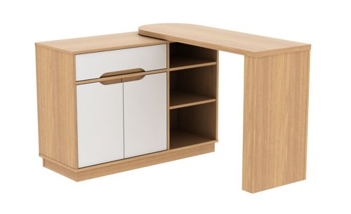 Teknik Office Revolve Hideaway Desk in Bianco Oak White effect with stylish curved desktop storage drawer and shelves and smart space saving design