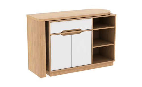 Teknik Office Revolve Hideaway Desk in Bianco Oak White effect with stylish curved desktop storage drawer and shelves and smart space saving design  | County Office Supplies