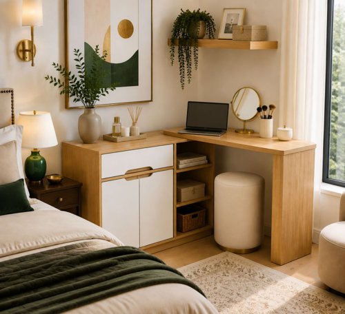 Teknik Office Revolve Hideaway Desk in Bianco Oak White effect with stylish curved desktop storage drawer and shelves and smart space saving design  | County Office Supplies