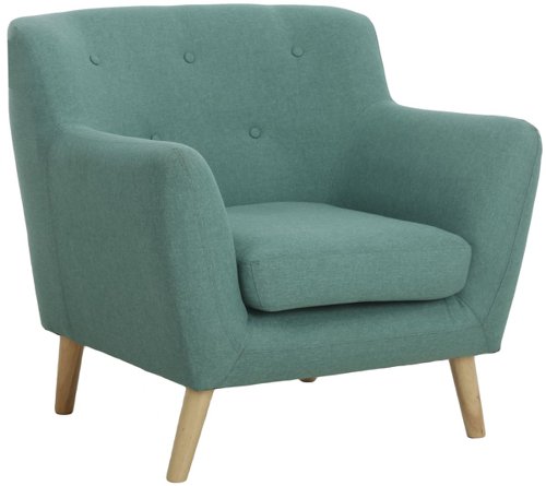 30442TK | The Teknik Office Skandi Armchair is an elegant and simply designed reception armchair upholstered with a beautiful ocean green fabric and smart wooden feet. It has a comfortable cushioned seat and a matching button tufted backrest, super for relaxing in while you wait. There is no assembly required, perfect for instant use in all receptions and waiting areas. There is also a matching two and three seater sofa available.