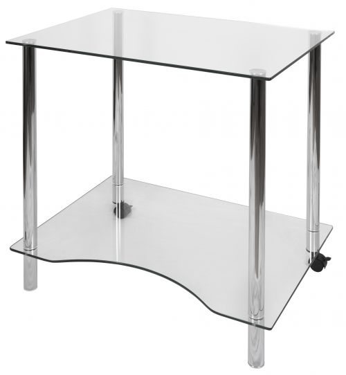 The Teknik Office Crystal Workstation is a perfect addition for the modern home office needs. It will fit into any style of home or student decor due to its compact size and the simple shape. This is made from tempered glass which means that although it looks delicate, it can handle up to 15kg on the main desk top and 25kg on the storage shelf. The storage shelf is great for holding your hard drive or folders and the main desk top is great to work on, highly suitable for computer and laptop work. The smart chrome legs finish off the styled effect of this versatile desk, perfect for all environments.