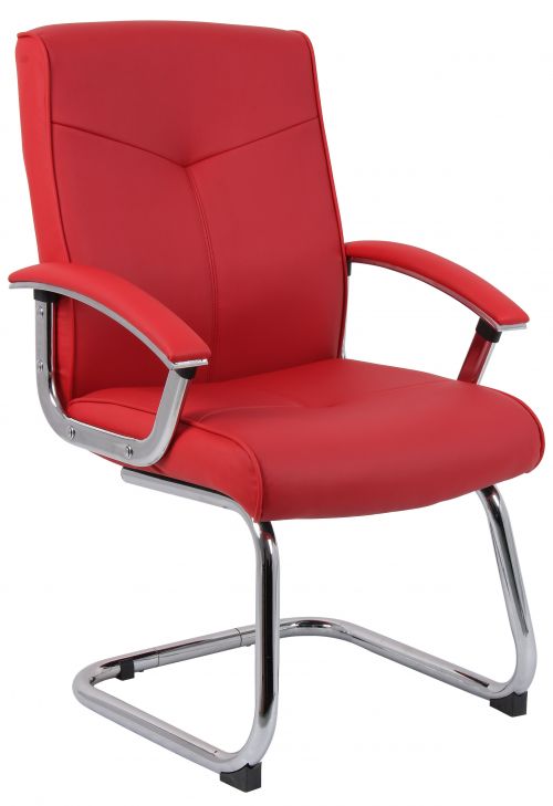 Teknik Office Hoxton Red Bonded Leather Cantilever Chair with matching padded armrests and chrome frame.
