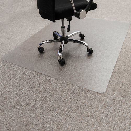 8800005 | The Teknik Office Polycarbonate Chair Mat for Carpets is a high-quality and durable product that measures 90 x 120 and is designed to be used on carpets. It is manufactured from the same type of material used in the production of aircraft screens, bullet-resistant glass, and protective shields, making it extremely tough and durable. The mat is gripper-backed for secure placement and provides a durable and protective barrier against damage caused to carpets by chairs on castors. It has a rigid, perfectly flat surface that allows for ease of movement with minimal effort. The lightly embossed top surface provides the perfect amount of grip to allow the chair castors to align much more quickly, making it easy to move around the workspace. The mat does not dent, sink, or cup under castors, and it does not curl, crack, discolour or create odours. This ensures that it maintains its high-quality appearance and durability over time, making it a long-lasting floor protection option. The high clarity of the mat allows beautiful flooring to shine through, making it an excellent choice for homes and businesses that want to showcase their flooring while still providing a protective barrier. The mat is compatible with underfloor heating systems, making it suitable for use in any workspace. The polycarbonate chair and floor protection mat is 100% recyclable, making it an eco-friendly choice for homes and businesses that want to reduce their environmental impact. It is manufactured in the UK, and 50% of the manufacturing site's energy is derived from renewable sources. This ensures that the product is produced sustainably and reduces the carbon footprint associated with its production. The mat comes with a 5-year limited warranty, providing buyers with peace of mind and ensuring that the providing users with peace of mind and ensuring that the product is of high quality and durability.