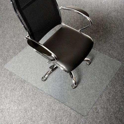 8800005 | The Teknik Office Polycarbonate Chair Mat for Carpets is a high-quality and durable product that measures 90 x 120 and is designed to be used on carpets. It is manufactured from the same type of material used in the production of aircraft screens, bullet-resistant glass, and protective shields, making it extremely tough and durable. The mat is gripper-backed for secure placement and provides a durable and protective barrier against damage caused to carpets by chairs on castors. It has a rigid, perfectly flat surface that allows for ease of movement with minimal effort. The lightly embossed top surface provides the perfect amount of grip to allow the chair castors to align much more quickly, making it easy to move around the workspace. The mat does not dent, sink, or cup under castors, and it does not curl, crack, discolour or create odours. This ensures that it maintains its high-quality appearance and durability over time, making it a long-lasting floor protection option. The high clarity of the mat allows beautiful flooring to shine through, making it an excellent choice for homes and businesses that want to showcase their flooring while still providing a protective barrier. The mat is compatible with underfloor heating systems, making it suitable for use in any workspace. The polycarbonate chair and floor protection mat is 100% recyclable, making it an eco-friendly choice for homes and businesses that want to reduce their environmental impact. It is manufactured in the UK, and 50% of the manufacturing site's energy is derived from renewable sources. This ensures that the product is produced sustainably and reduces the carbon footprint associated with its production. The mat comes with a 5-year limited warranty, providing buyers with peace of mind and ensuring that the providing users with peace of mind and ensuring that the product is of high quality and durability.