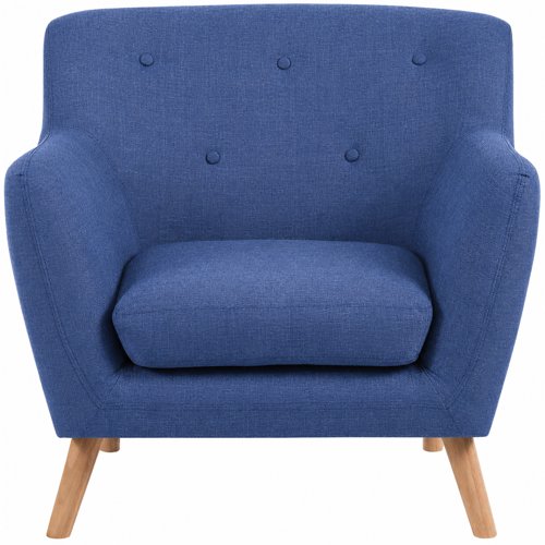 Teknik Office Skandi Armchair in Indigo Blue fabric, button detailed back and wooden feet.