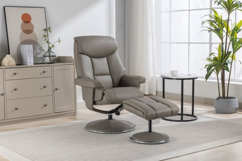 Brookhaven Recliner Grey Leather Look swivel recline function matching base footstool | 9000-GRE | Teknik