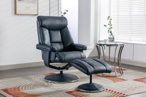 Brookhaven Recliner Navy Leather Look swivel recline function matching base footstool | 9000-NAV | Teknik