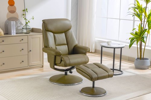 Brookhaven Recliner Olive Green Leather Look swivel recline function matching base footstool | 9000-OLI | Teknik