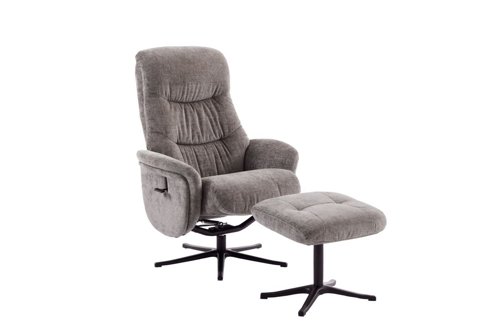 Newark Recliner Ash Fabric swivel recline function, black five star base matching footstool | 9100-ASH | Teknik