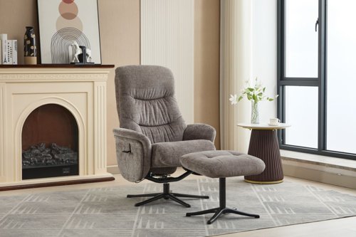 Newark Recliner Ash Fabric swivel recline function, black five star base matching footstool | 9100-ASH | Teknik