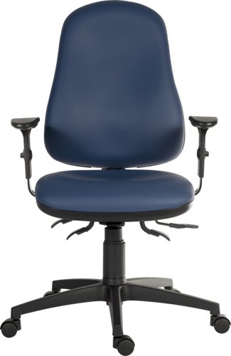 The Teknik Office Ergo Comfort Blue PU chair is our versatile multi-adjustable black wipe clean executive operator chair, perfect for all environments and users! It has 4 multi-adjustments -  a limited forward seat tilt, seat slide, back tilt and gas lift seat height adjustment for excellent user support and comfort. Certified for 24 hour use (BS5459-2: 2000) and with 150 kg rated gas lift, it's an ideal and affordable solution for all types of work and home environments. This chair also accepts height adjustable comfort armrests (sold separately),has a sturdy nylon base and is also available in Blue or Black Fabric as well as the wipe clean Black PU version.