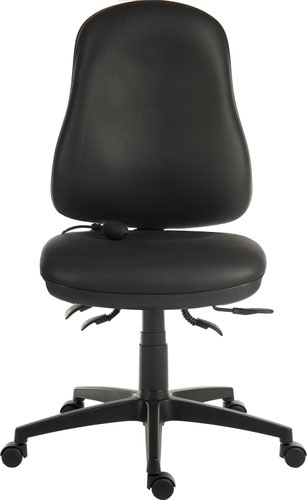 9500AIR-PU | The Teknik Office Ergo Comfort Black AIR PU chair is our versatile multi-adjustable black wipe clean executive operator chair, perfect for all environments and users! It has 4 multi-adjustments - a limited forward seat tilt, seat slide, back tilt and gas lift seat height adjustment for excellent user support as well as the added bonus of a pump up lumbar support for extra comfort. Certified for 24 hour use (BS5459-2: 2000) and with 150 kg rated gas lift, it's an ideal and affordable solution for all types of work and home environments. This chair comes with a steel base and is also available in Blue or Black Fabric as well as the wipe clean PU Black version. It also accepts height adjustable comfort armrests (sold separately)