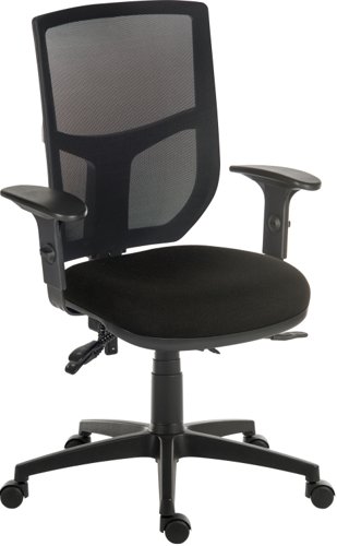 11927TK | The Teknik Office Ergo Comfort Black Fabric Mesh high backed chair is our versatile multi-adjustable black fabric executive operator chair, perfect for all environments and users! It has 4 multi-adjustments -  a limited forward seat tilt, seat slide, back tilt and gas lift seat height adjustment for excellent user support and comfort. Certified for 24 hour use (BS5459-2: 2000) and with 150 kg rated gas lift, it's an ideal and affordable solution for all types of work and home environments. The curvy aerated backrest is also an additional welcomed feature for this multi faceted chair. With height adjustable comfort armrests, has a sturdy nylon base and is available in Blue or Black Fabric. 