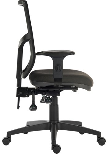 The Teknik Office Ergo Comfort Black Fabric Mesh high backed chair is our versatile multi-adjustable black fabric executive operator chair, perfect for all environments and users! It has 4 multi-adjustments -  a limited forward seat tilt, seat slide, back tilt and gas lift seat height adjustment for excellent user support and comfort. Certified for 24 hour use (BS5459-2: 2000) and with 150 kg rated gas lift, it's an ideal and affordable solution for all types of work and home environments. The curvy aerated backrest is also an additional welcomed feature for this multi faceted chair. With height adjustable comfort armrests, has a sturdy nylon base and is available in Blue or Black Fabric. 