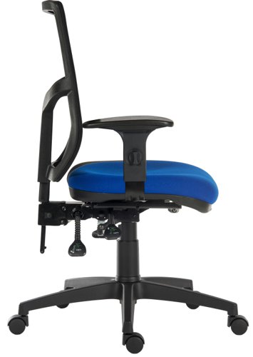The Teknik Office Ergo Comfort Blue Fabric  Mesh high backed chair is our versatile multi-adjustable blue fabric executive operator chair, perfect for all environments and users! It has 4 multi-adjustments -  a limited forward seat tilt, seat slide, back tilt and gas lift seat height adjustment for excellent user support and comfort. Certified for 24 hour use (BS5459-2: 2000) and with 150 kg rated gas lift, it's an ideal and affordable solution for all types of work and home environments. The curvy aerated contrasting black backrest is also an additional welcomed feature of this multi faceted chair. With height adjustable comfort armrests, has a sturdy nylon base and is available in Blue or Black Fabric. 