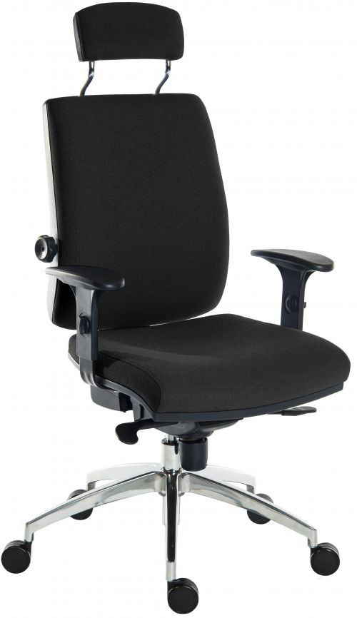Teknik Office Ergo Plus Black Fabric 24 Hour Chair With Headrest Aluminium Pyramid Base Rated up to 24 Stone Optional Arm Rests