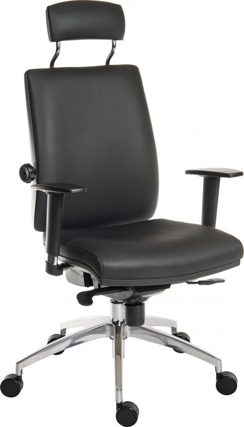 Teknik Office Ergo Plus Black Leather Look 24 Hour Chair Headrest Aluminium Pyramid Base Rated up to 24 Stone Optional Arm Rests
