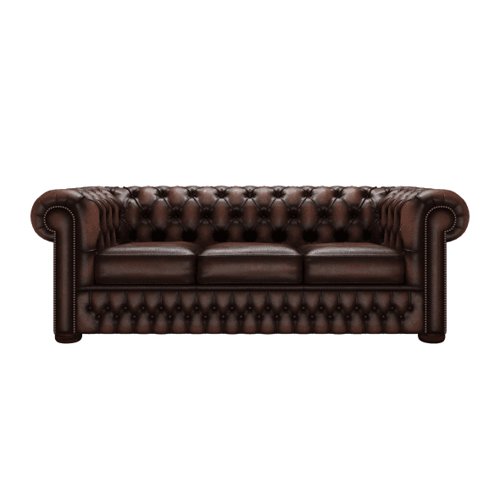 Teknik Office Chesterfield 3 seater button back leather sofa in Antique Brown with scrolled arms, elegant turned legs and pigmented leather   | 9900001AB | Teknik