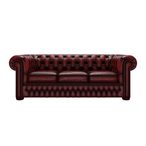 Teknik Office Chesterfield 3 seater button back leather sofa in Antique Red with scrolled arms, elegant turned legs and pigmented leather  