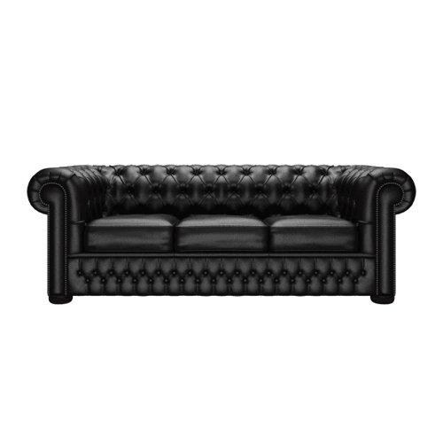 Teknik Office Chesterfield 3 seater button back leather sofa in Birch Black with scrolled arms, elegant turned legs and pigmented leather  