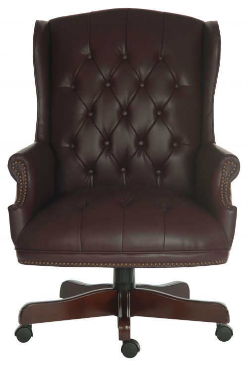 11878TK | Teknik Office Chairman Swivel Executive chair is the managerial dream. Beautifully coloured bonded leather with matching leather effect outers and hand applied antique brass nail-head trim and 8 way hand tied coil construction seat contributes to this chair looking luxurious as well as comfortable. The chair also has a reclining function with tilt tension seat height adjustment and an elegant 5 star base in fruitwood finish. This requires little self assembly which means its office ready and awaiting your attention. Who would have thought working at your desk could feel this good