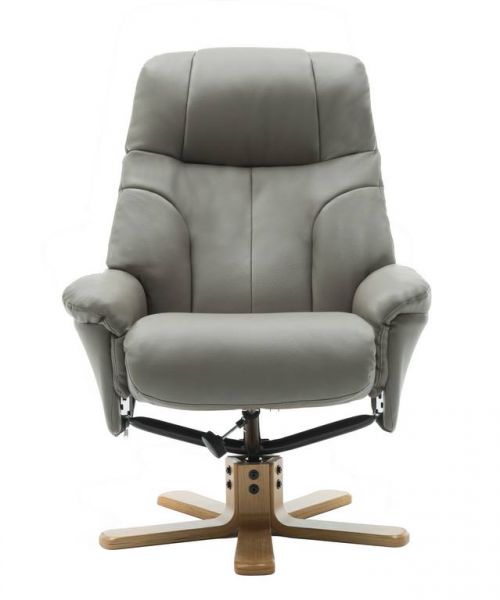 Denver Recliner Grey Leather Look with Swivel Recline Function Stylish Natural Wood Five Star Base and Matching Footstool | ZRDENVERGREY | Teknik