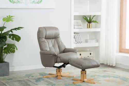 Denver Recliner Grey Leather Look with Swivel Recline Function Stylish Natural Wood Five Star Base and Matching Footstool