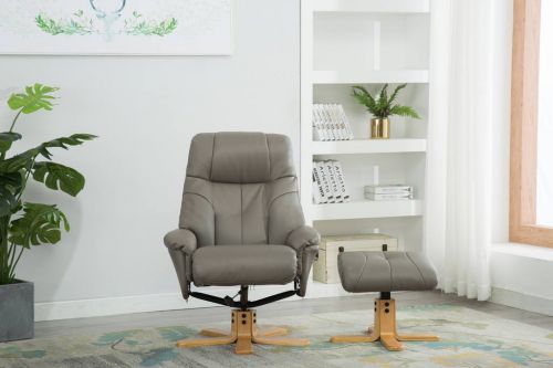 Denver Recliner Grey Leather Look with Swivel Recline Function Stylish Natural Wood Five Star Base and Matching Footstool