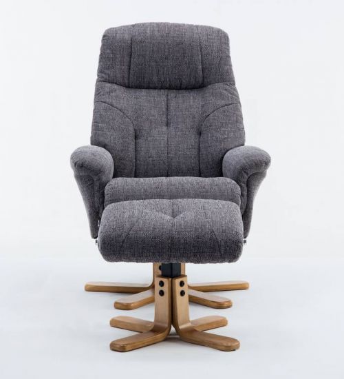 Denver Recliner Greystone Fabric with Swivel Recline Function Stylish Natural Wood Five Star Base and Matching Footstool | ZRDENVERGREYSTON | Teknik
